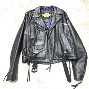 Harley-Davidson Black Leather Jacket with Purple Lining